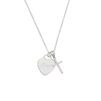 Evesaddiction Sterling Silver Engravable Heart With Cz Cross Pendant In Metallic