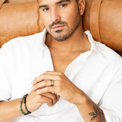 Evesaddiction Mens Black Titanium Band With Brushed Silver In Black