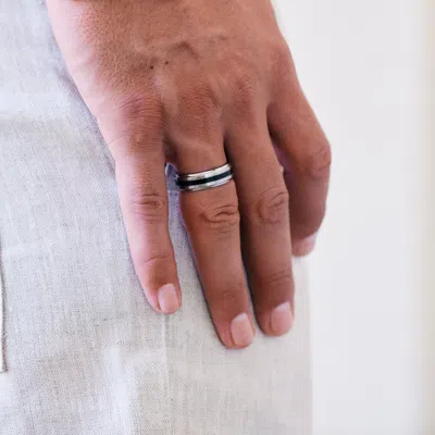 Evesaddiction Mens Stainless Steel Band With Single Black Inlay In Silver