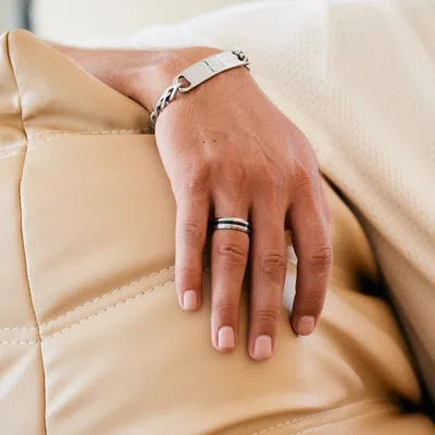 Evesaddiction Mens Stainless Steel Band With Single Black Inlay In Silver