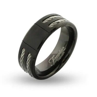 Evesaddiction Mens Wide Black Titanium Signet Ring With Double Cable Inlay In Black