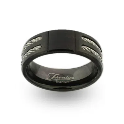 Evesaddiction Mens Wide Black Titanium Signet Ring With Double Cable Inlay In Black