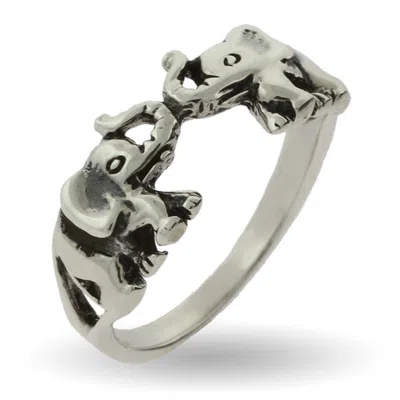 Evesaddiction Sterling Silver Lucky Double Elephant Ring In Metallic