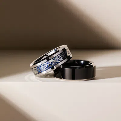 Evesaddiction 8 Mm Black Tungsten Ring With Silver Beveled Edges In Black