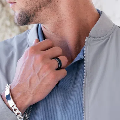 Evesaddiction 8 Mm Black Tungsten Ring With Silver Beveled Edges In Black