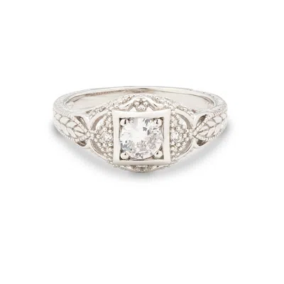 Evesaddiction Vintage Deco Style Sterling Silver Cz Engagement Ring In Silver