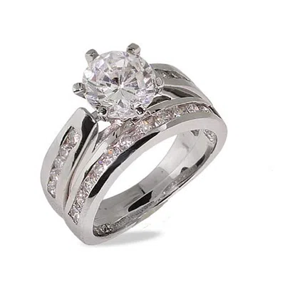 Evesaddiction Stunning Brilliant Cut Channel Set Cz Engagement Ring Set In Silver