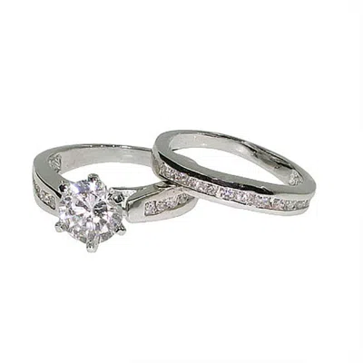 Evesaddiction Stunning Brilliant Cut Channel Set Cz Engagement Ring Set In Silver