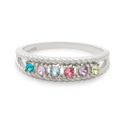 Evesaddiction Six Stone Birthstone Twisted Rope Silver Family Ring In Silver