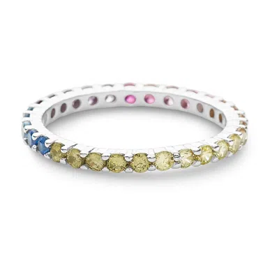 Evesaddiction Thin Rainbow Cz Sterling Silver Eternity Band In Silver