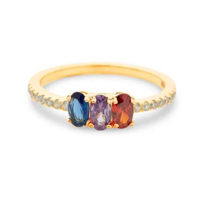 Evesaddiction Three Stone Oval Birthstone Pave Band Gold Ring In Gold