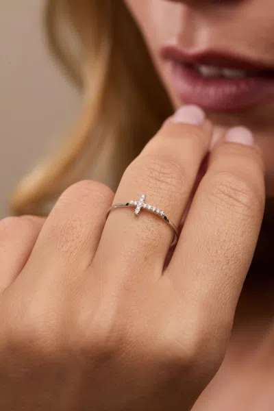Evesaddiction Petite Cz Sideways Cross Ring In Metallic