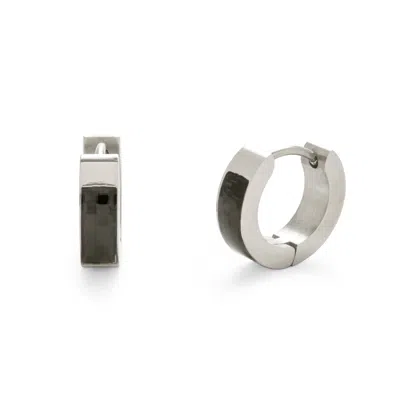 Evesaddiction Men's Polished Stainless Steel With Carbon Fiber Inlay Huggie Earrings In Silver