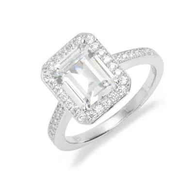Evesaddiction Sterling Silver Emerald Cut Halo Cz Engagement Ring In Silver