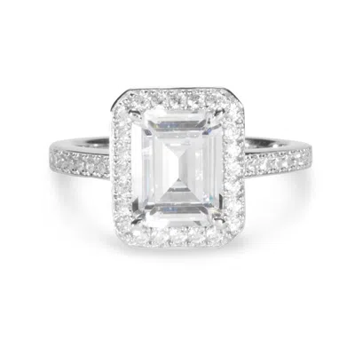 Evesaddiction Sterling Silver Emerald Cut Halo Cz Engagement Ring In Silver
