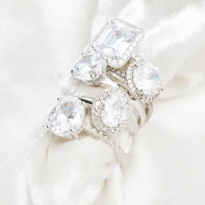 Evesaddiction Sterling Silver Emerald Cut Halo Cz Engagement Ring In Silver