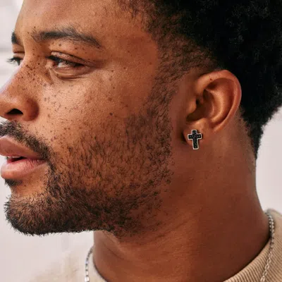 Evesaddiction Black Stainless Steel Textured Cross Earrings In Black