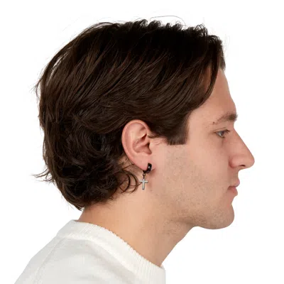 Evesaddiction Men's Black Stainless Steel Dangle Cross Hinged Hoop Earrings In Black