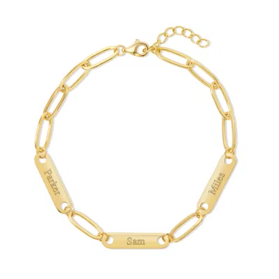 Evesaddiction Gold Plated Paperclip Chain Engravable Three Name Bar Bracelet In Gold