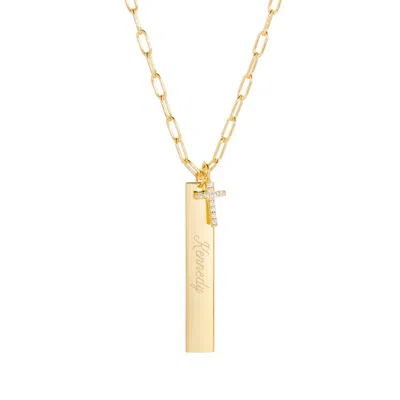 Evesaddiction Engravable Paperclip Chain Vertical Bar Gold Cz Cross Necklace In Gold