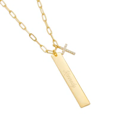 Evesaddiction Engravable Paperclip Chain Vertical Bar Gold Cz Cross Necklace In Gold