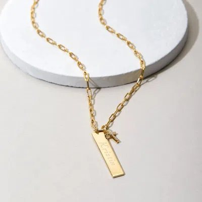 Evesaddiction Engravable Paperclip Chain Vertical Bar Gold Cz Cross Necklace In Gold