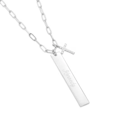 Evesaddiction Engravable Paperclip Chain Vertical Bar Cz Cross Necklace In Metallic