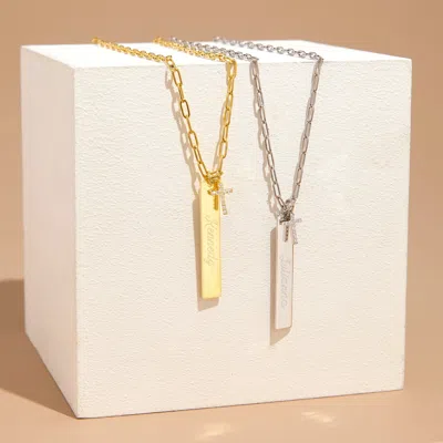 Evesaddiction Engravable Paperclip Chain Vertical Bar Cz Cross Necklace In Metallic