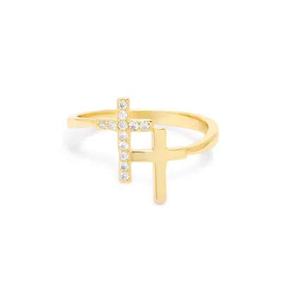 Evesaddiction Gold Plated Cz Double Cross Ring In Gold