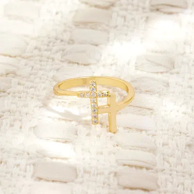 Evesaddiction Gold Plated Cz Double Cross Ring In Gold
