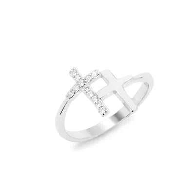 Evesaddiction Sterling Silver Cz Double Cross Ring In Metallic