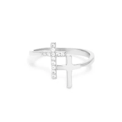 Evesaddiction Sterling Silver Cz Double Cross Ring In Metallic