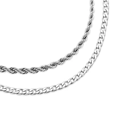 Evesaddiction Men's Stainless Steel Cuban And Rope Chain Double Row Necklace In Metallic