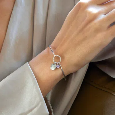 Evesaddiction Custom Birthstone And Initial Charm Bangle Bracelet In Silver