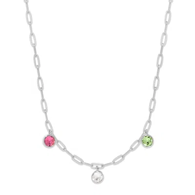 Evesaddiction Three Paperclip Chain Birthstone Charm Necklace In Metallic