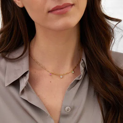Evesaddiction Three Paperclip Chain Birthstone Charm Necklace In Metallic
