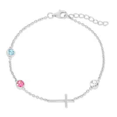 Evesaddiction Custom Bezel Set Cross Birthstone Bracelet - Silver / 3 In Metallic