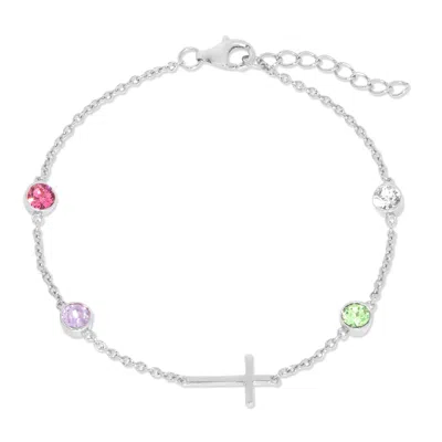 Evesaddiction Custom Bezel Set Cross Birthstone Bracelet - Silver / 4 In Metallic