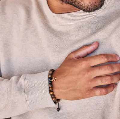 Evesaddiction Men's Tiger Eye Cross Adjustable Bracelet In Brown