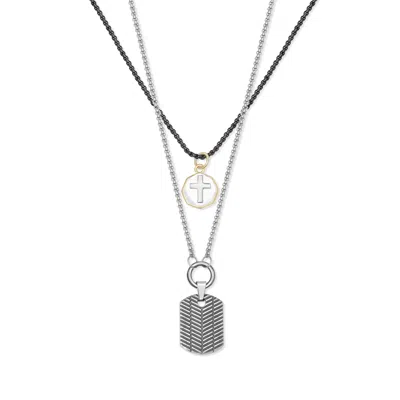 Evesaddiction Men's Cross And Dog Tag Charm Layered Necklace In Metallic
