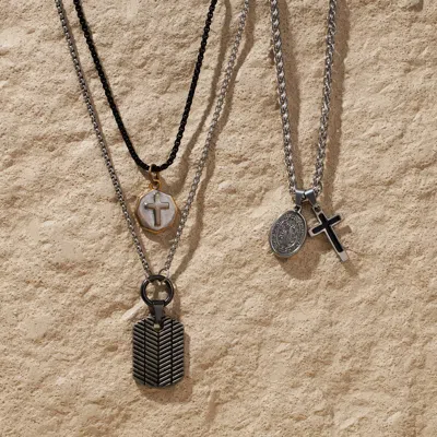 Evesaddiction Men's Cross And Dog Tag Charm Layered Necklace In Metallic
