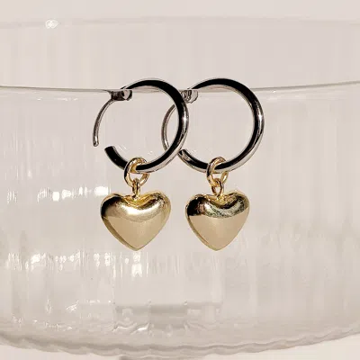 Evesaddiction Sterling Silver Two Tone Puffy Heart Huggies In Metallic