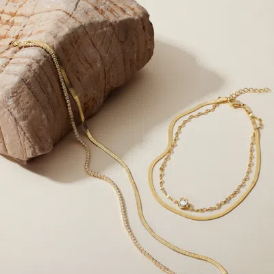 Evesaddiction Waterproof Herringbone And Cz Shimmer Chain Anklet In Gold