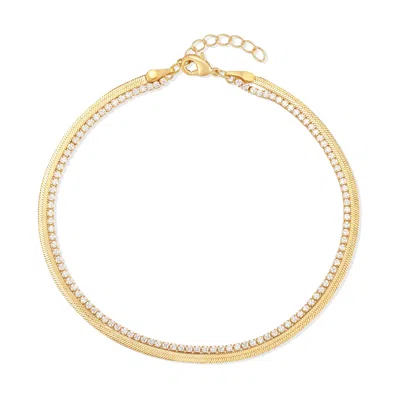 Evesaddiction Waterproof Tennis And Herringbone Chain Anklet In Gold