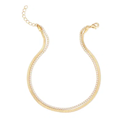 Evesaddiction Waterproof Tennis And Herringbone Chain Anklet In Gold