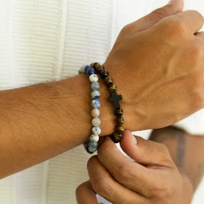 Evesaddiction Men's Semi Precious Beaded Cross Bracelet