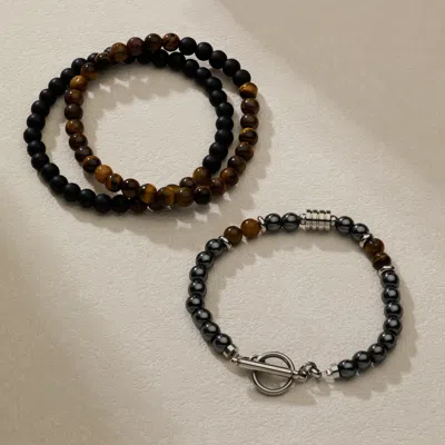 Evesaddiction Men's Tiger Eye And Hematite Bead Bracelet In Gray