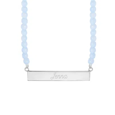 Evesaddiction Engravable Beaded Name Bar Necklace - Blue Lace Agate / Silver In Blue