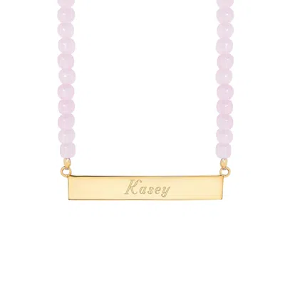 Evesaddiction Engravable Beaded Name Bar Necklace - Rose Quartz / Gold In Pink
