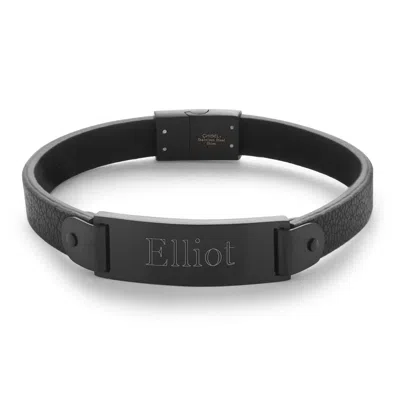 Evesaddiction Men's Engravable Brushed Stainless Steel Leather Id Bracelet In Black